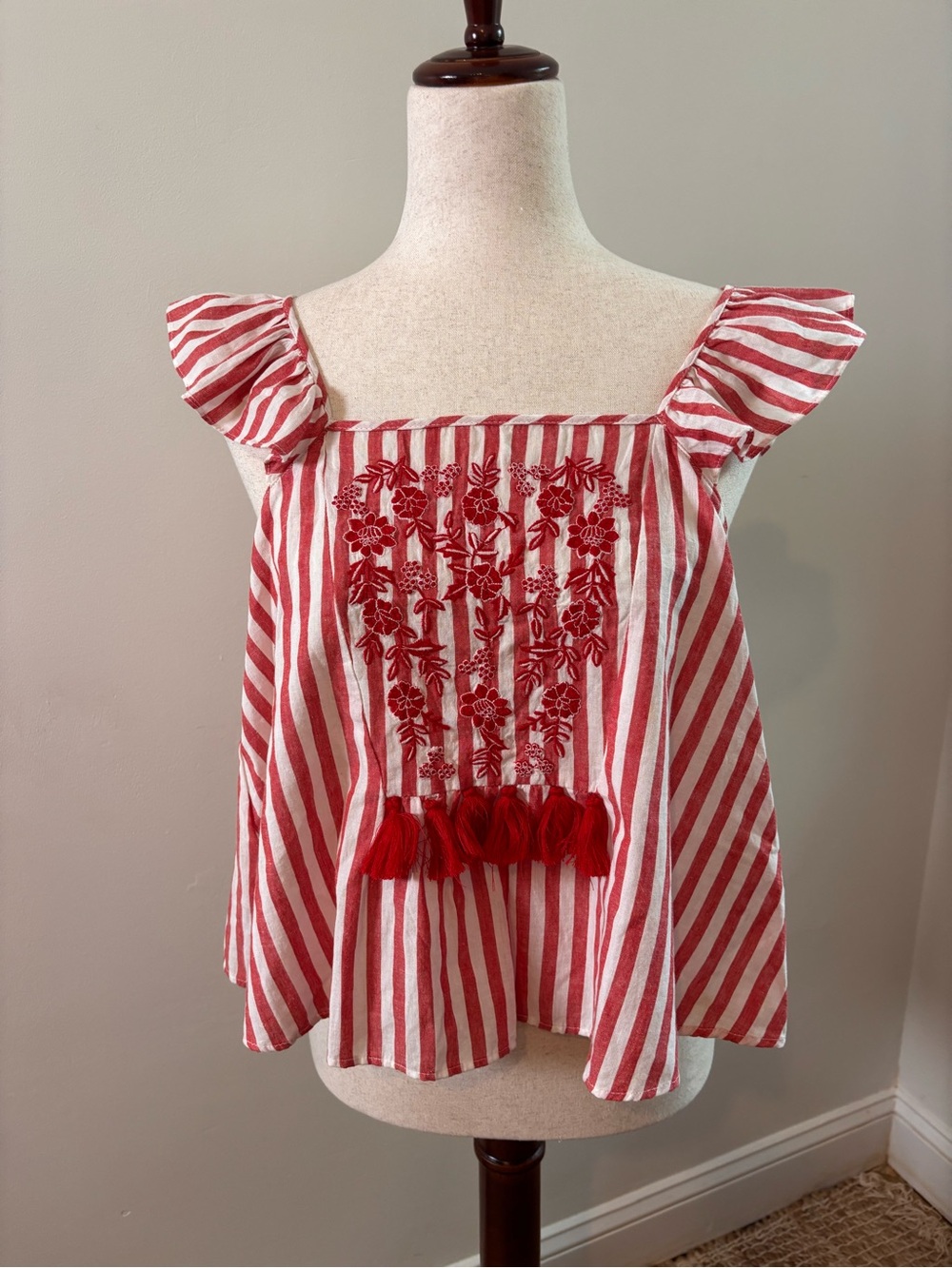 Zara TRF Boho Striped Embroidered Tassel Top Red White Ruffle Sleeve Blouse S